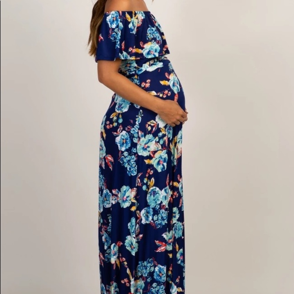 Pinkblush Blue Off Shoulder Sash Maternity Maxi: M